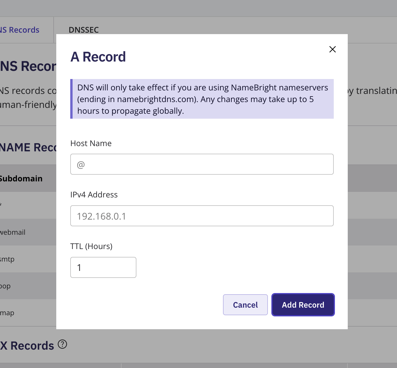 The Add New DNS Record form with A selected as the type, showing the Hostname, IPv4, and TTL fields