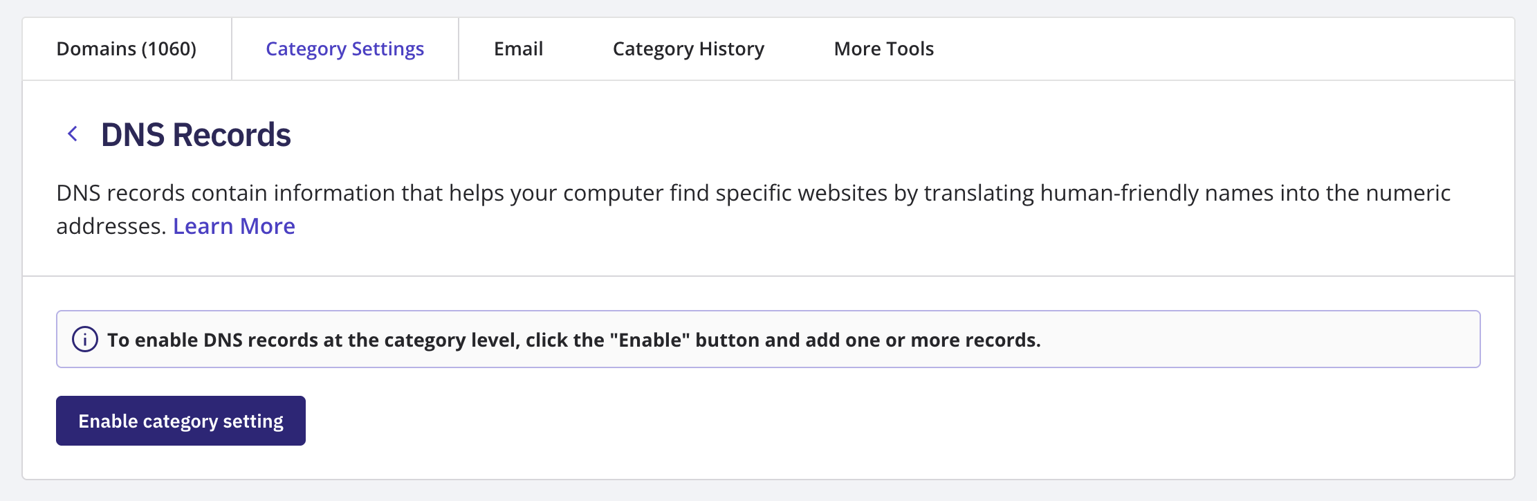 Category Settings tab showing the Enable button on a not-yet-enabled setting