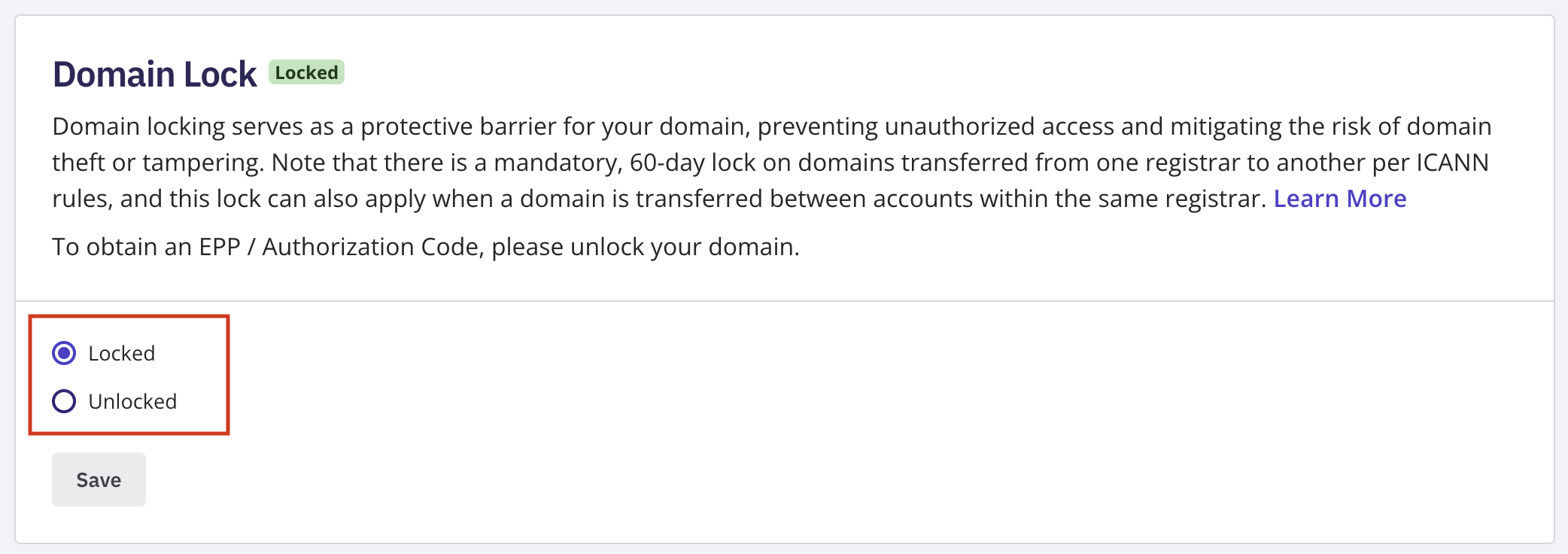 Domain Lock section on the Domain Overview page, showing the Manage Domain Lock toggle before it's switched off