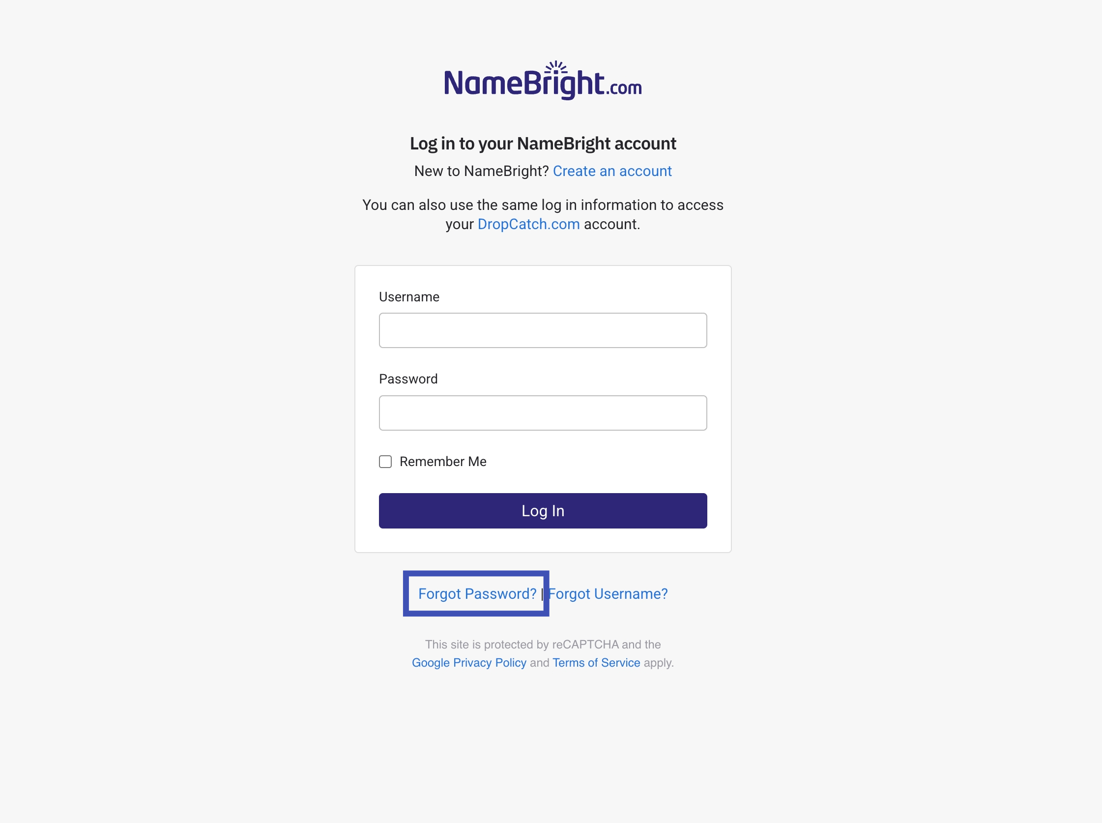The Forgot Password link on the Log In page