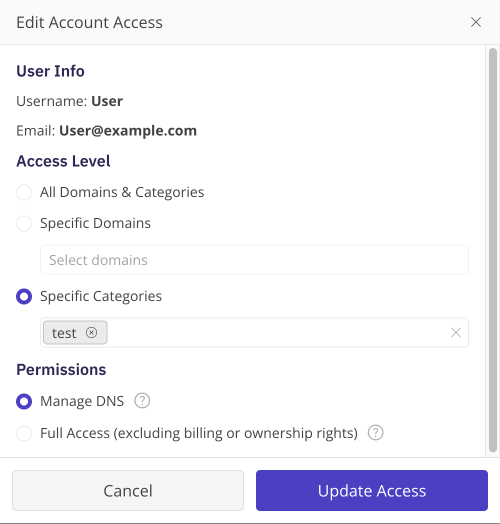 The Account Delegation permissions screen for a delegate account, showing the access-level and permission-level choices