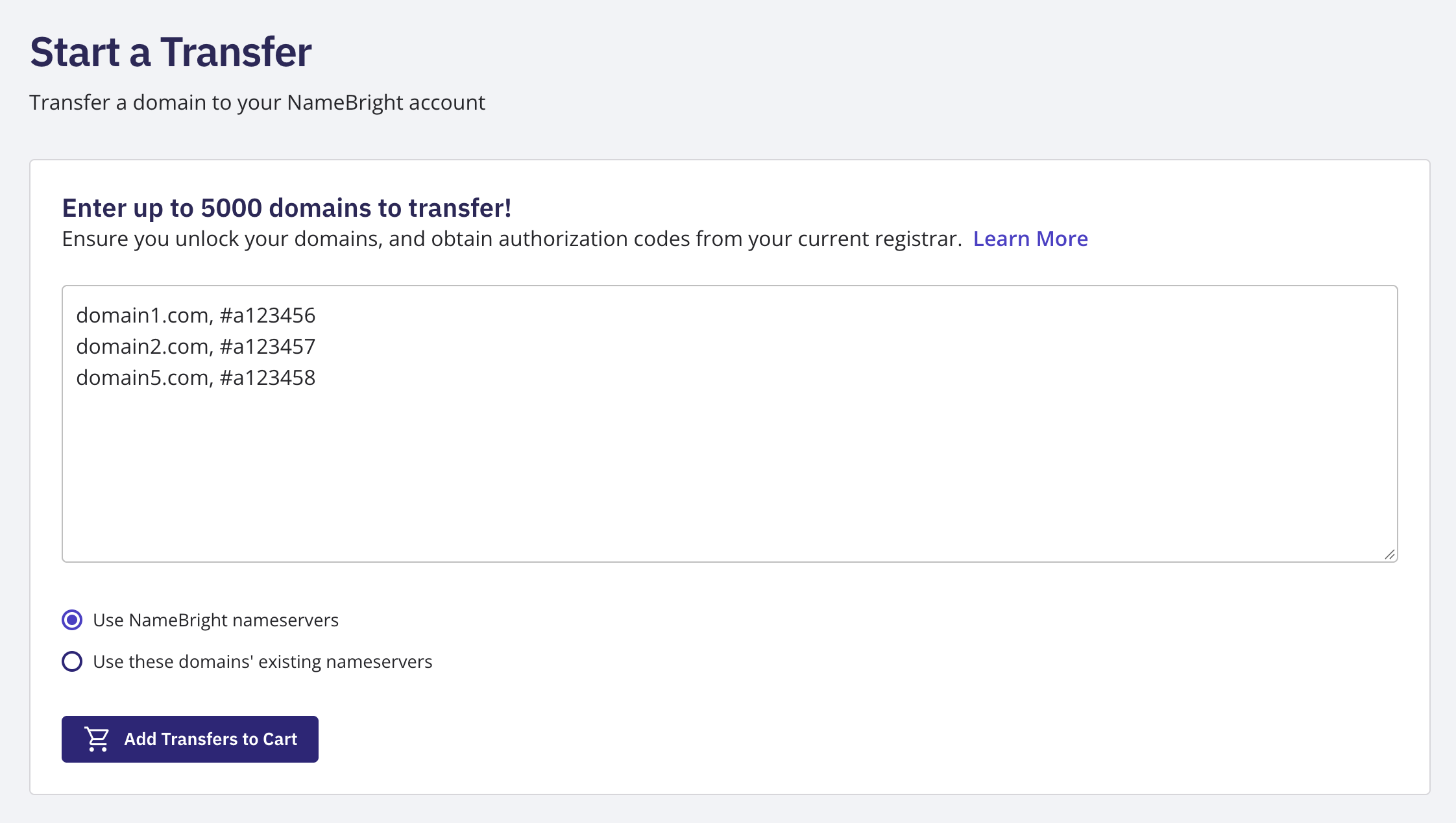 Transfers bulk entry field showing several domain/auth-code pairs pasted in, one per line
