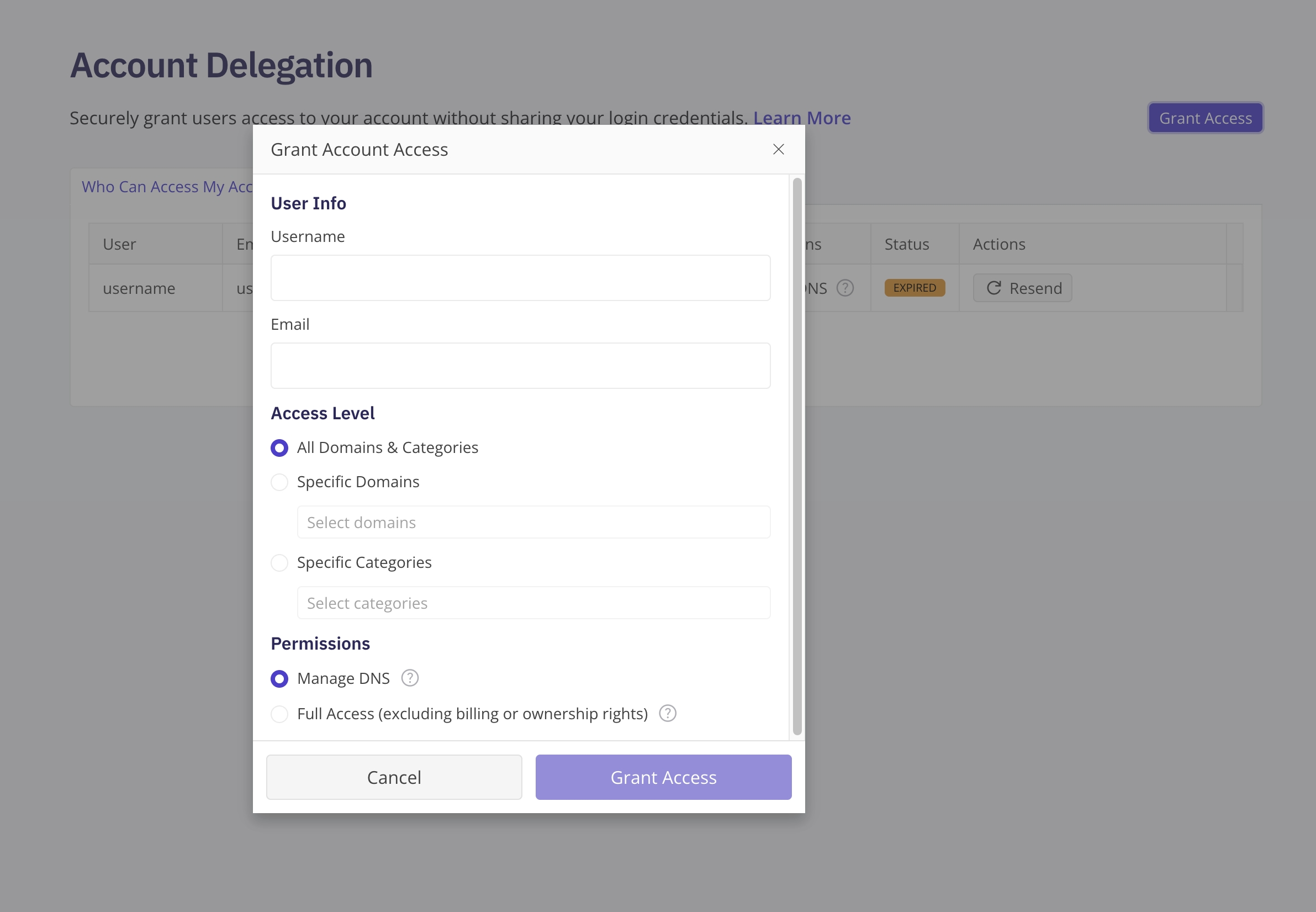 The Account Delegation setup screen, showing the terms-and-conditions checkbox