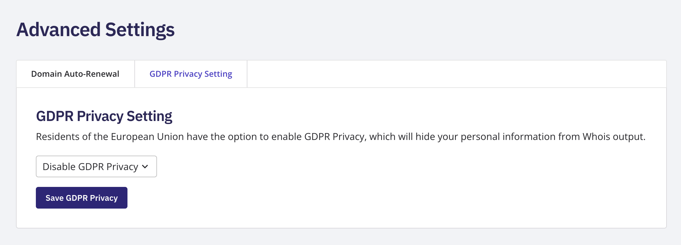 The GDPR Privacy page under Advanced Settings, showing the Enable/Disable choice and Save button