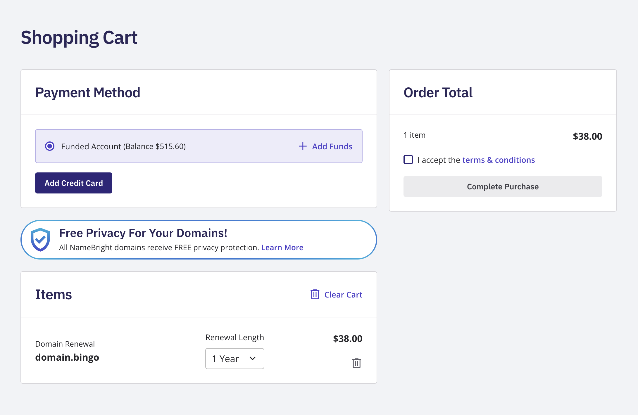 The checkout screen, showing the registration-length selector and payment method options