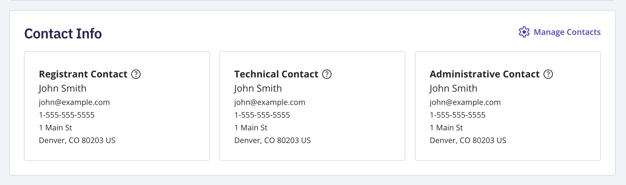 The Contacts section of a domain showing the Registrant, Technical, and Administrative contact cards