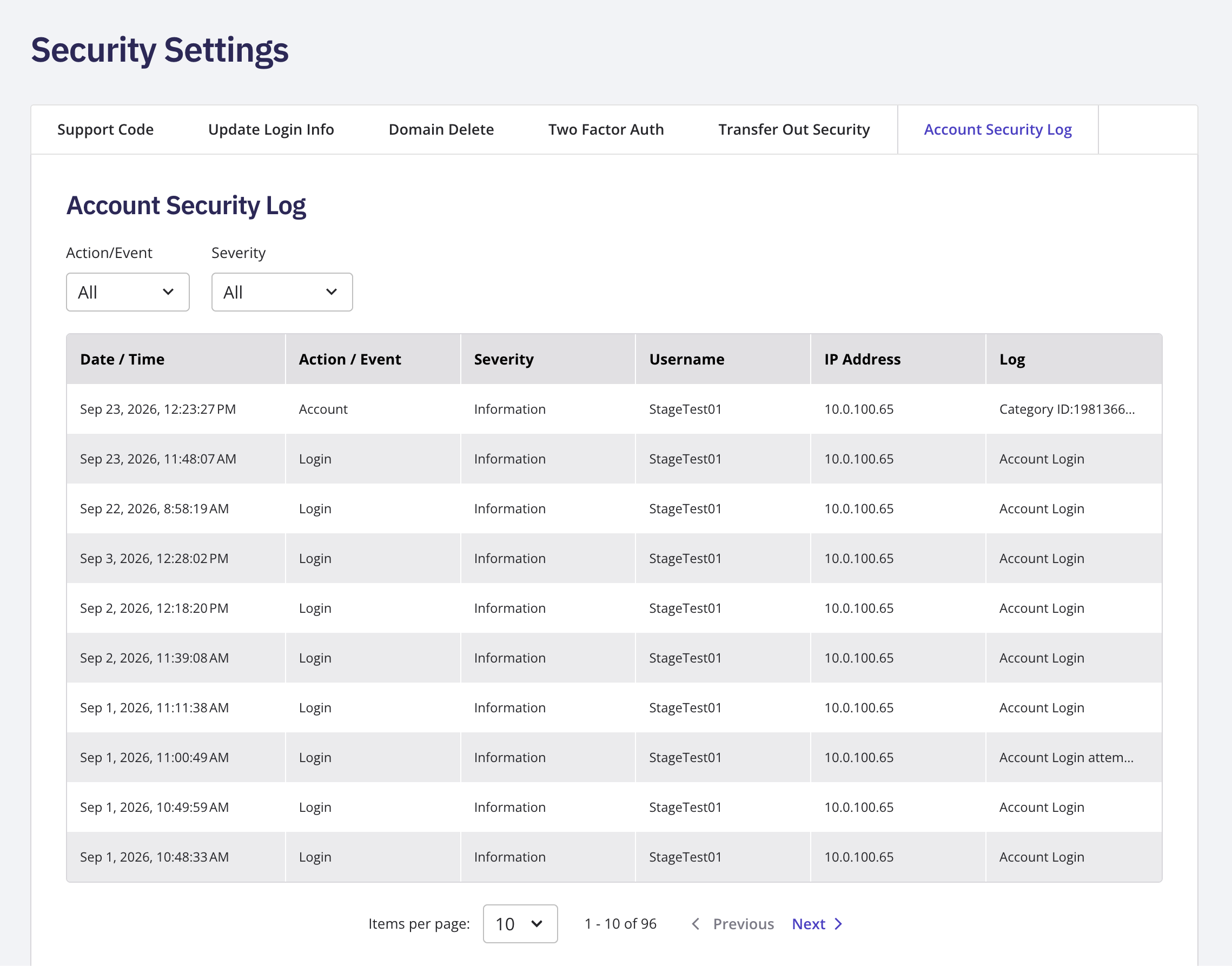 The Account Security Log, showing the event list with its category and severity columns