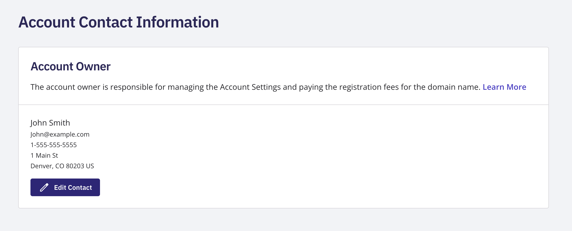 The My Account Contacts page showing the account holder's contact fields and the option to apply the change to domain contacts