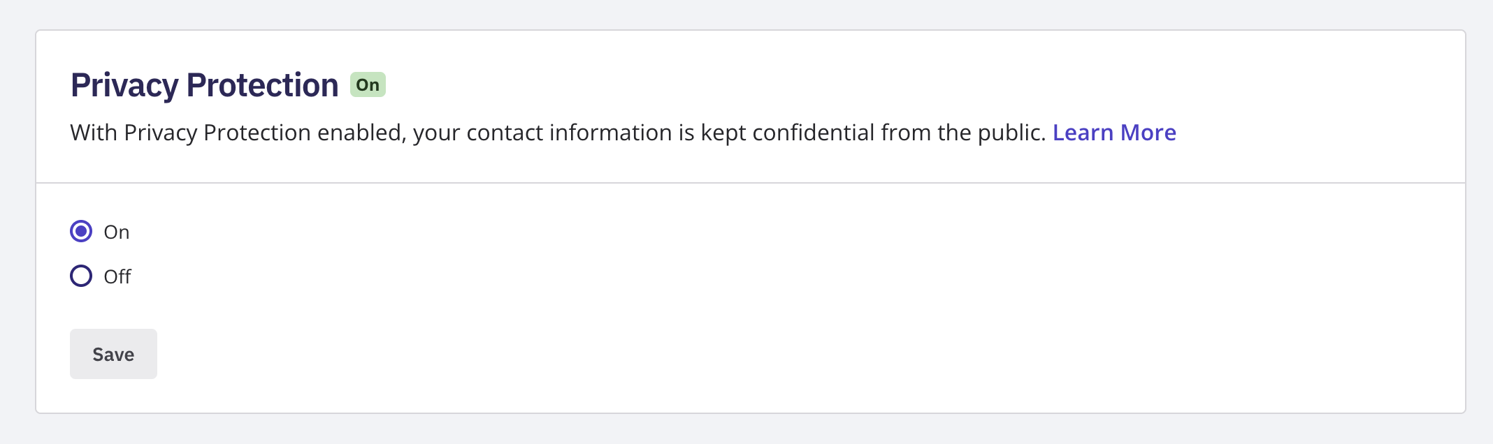 The Privacy Protection section, showing the Manage Privacy toggle and the See Whois preview link in the same panel