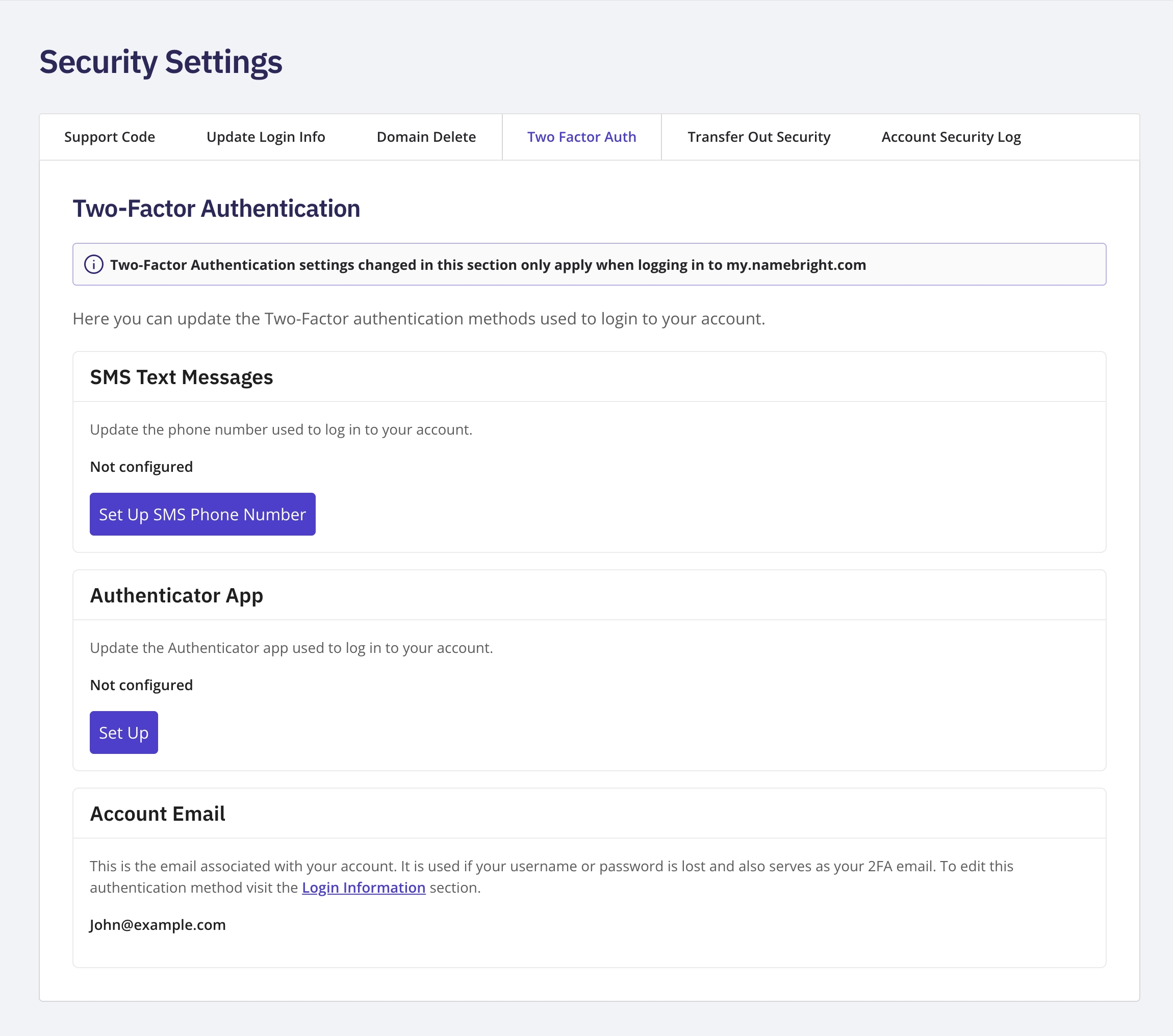 The Two-Factor Authentication tab showing the Authenticator App setup with its QR code