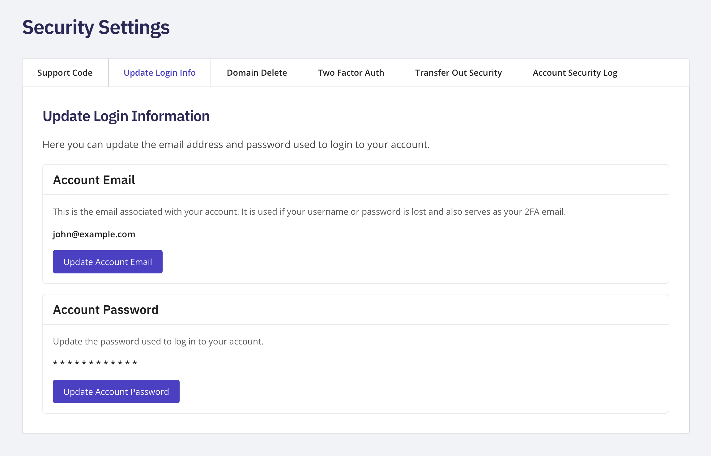 The Update Login Information page showing the Account Email and Account Password cards