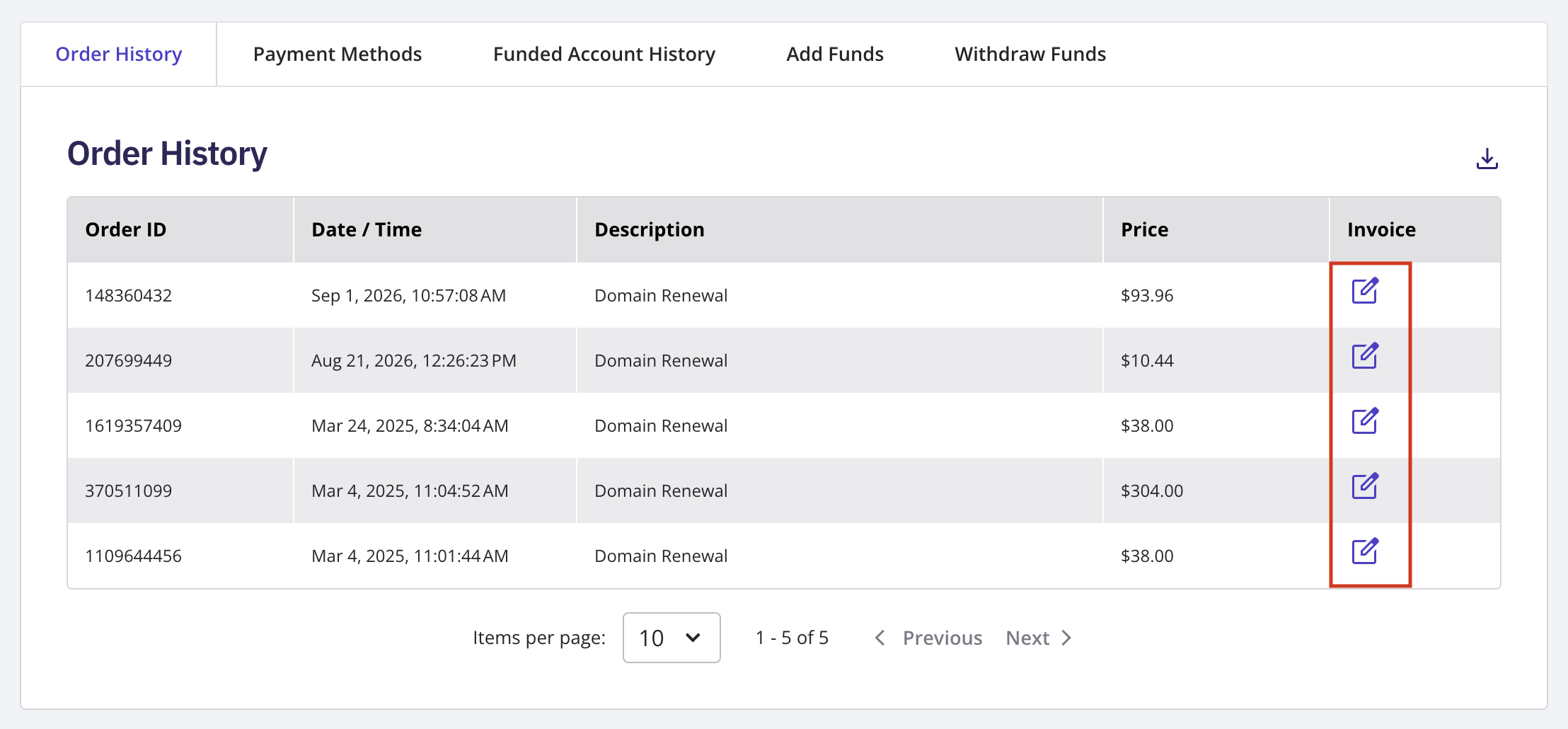 Order History with an order selected and the Invoice button visible