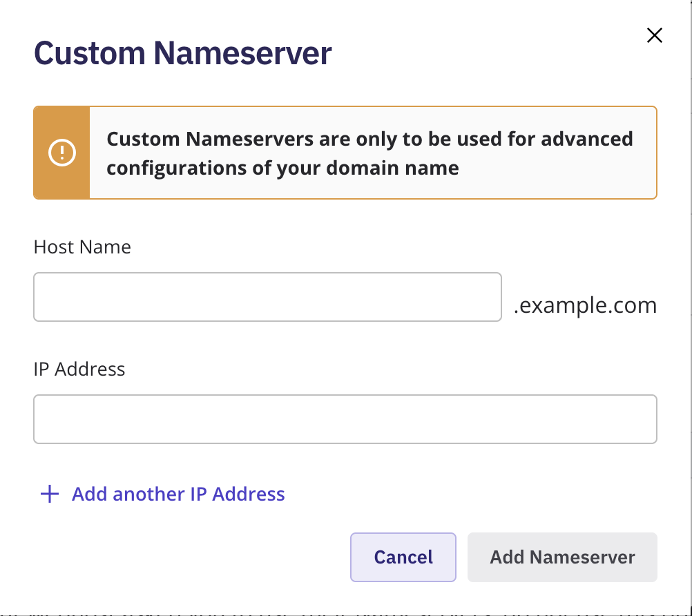 The Add Custom Nameserver form on the Manage Nameservers screen