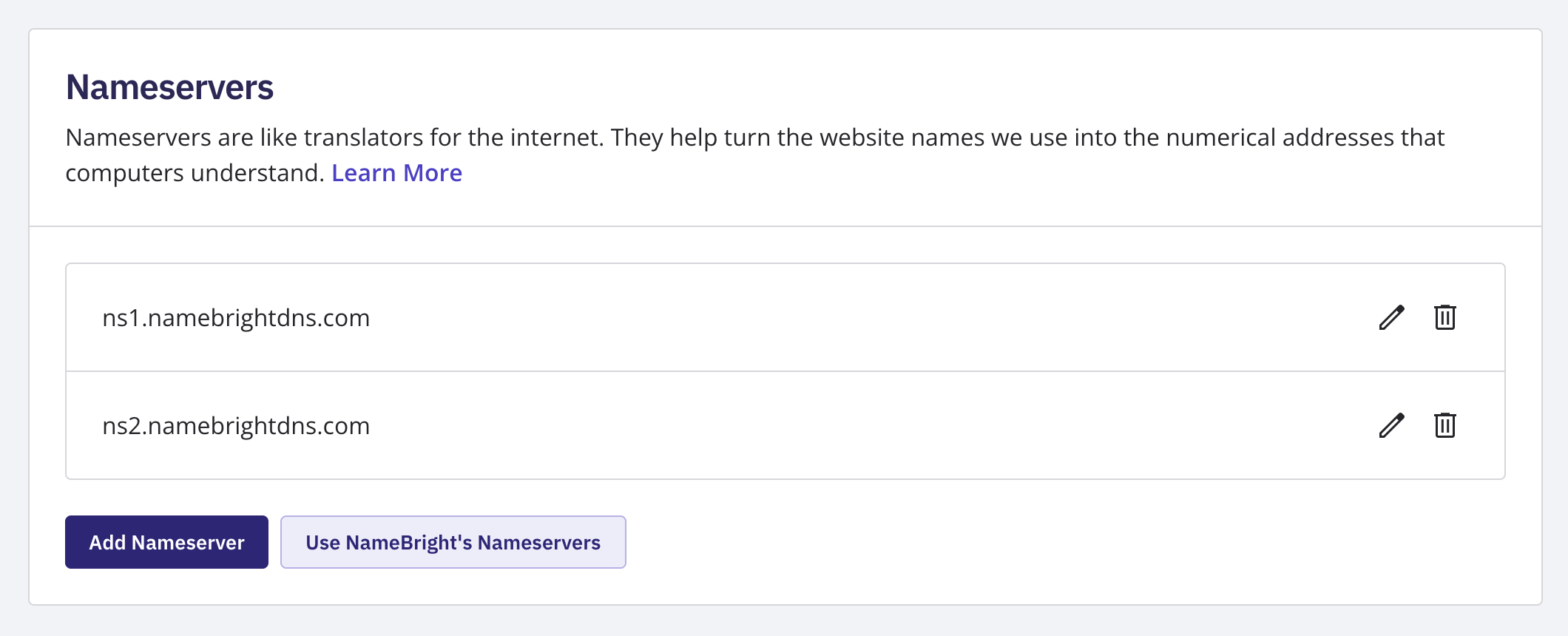 The Manage Nameservers screen, showing the current nameserver entries