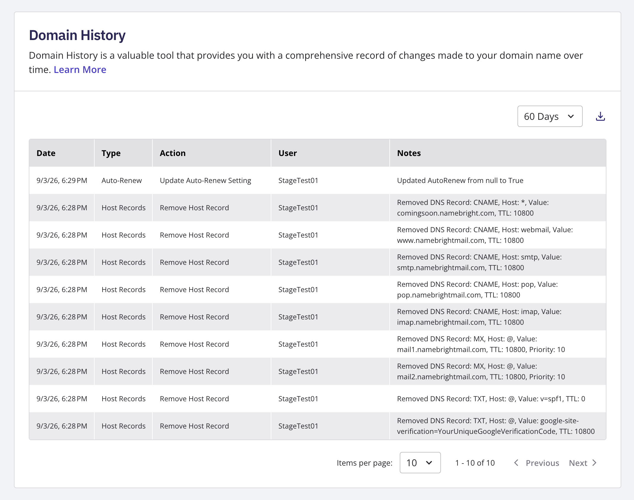 The Domain History page showing the Notes and WHOIS History tabs