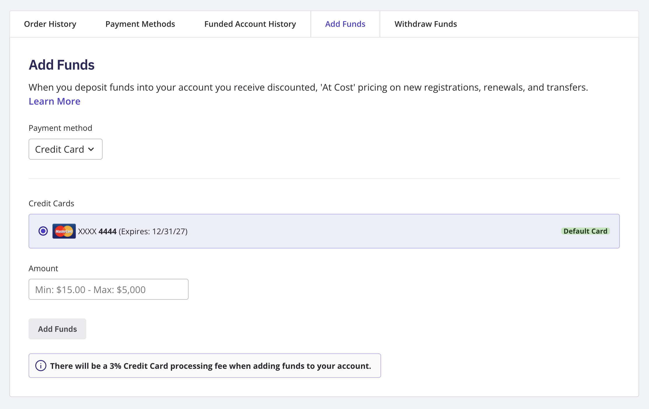 The Add Funds screen under Account Billing, showing the credit card, PayPal, bank wire and check options