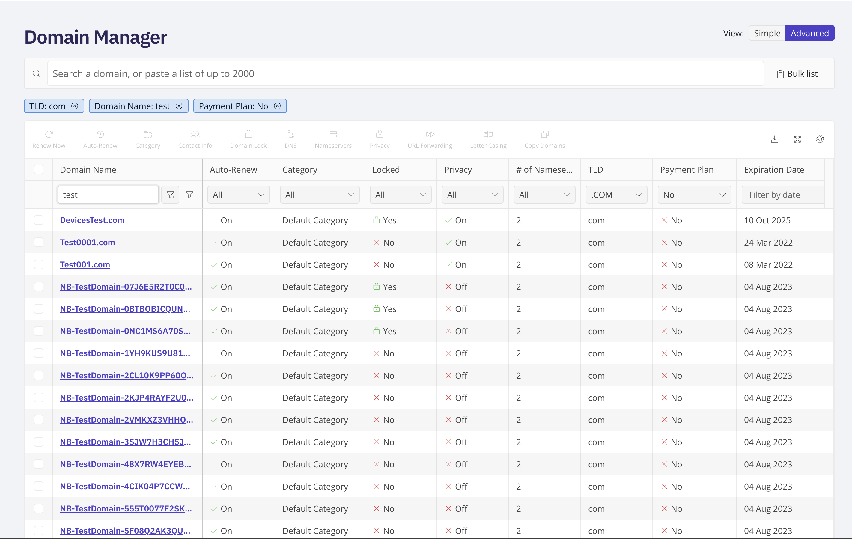 Domain Manager Advanced view with the search input, bulk search button, and column filters visible