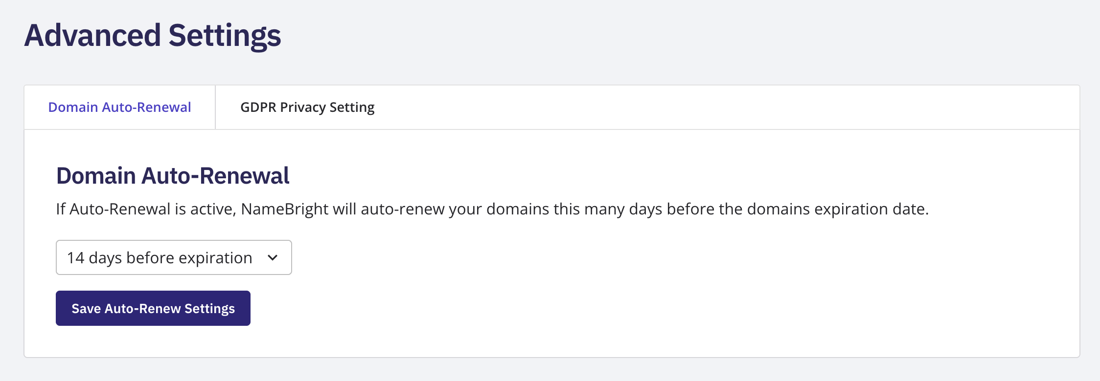 The Auto-Renewal page under Advanced Settings, showing the days-before-expiration selector
