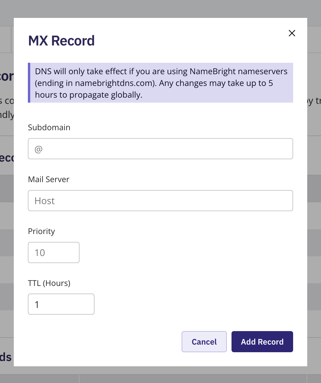 The Add New DNS Record form with MX selected as the type, showing the Hostname, Mail Server, Priority, and TTL fields