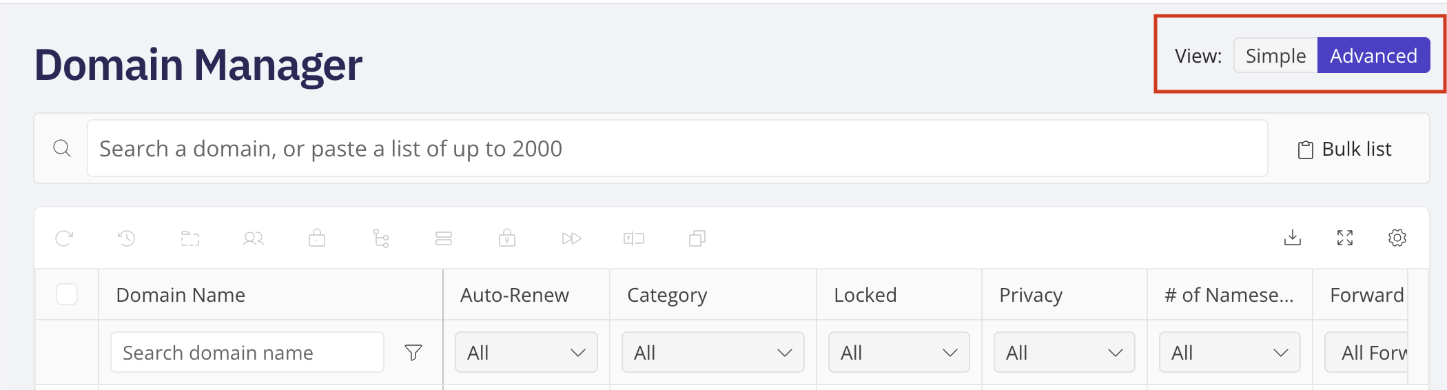 Domain Manager showing the Simple/Advanced view toggle at the top of the page