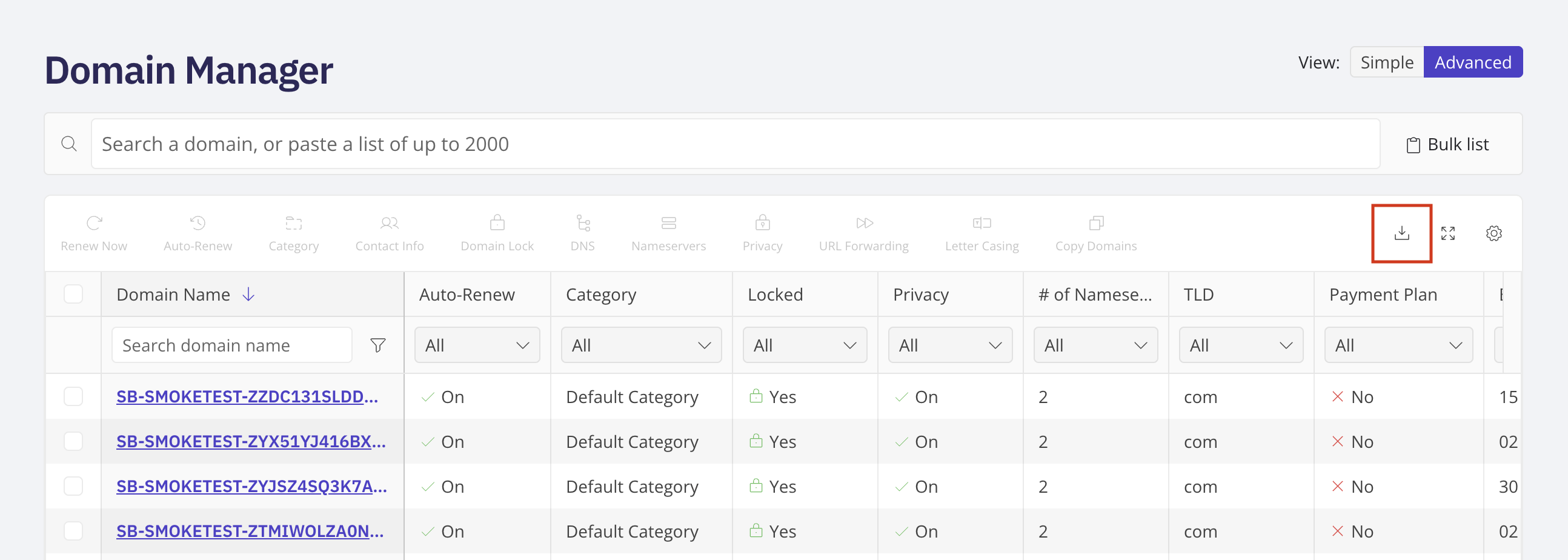 Domain Manager Advanced view showing the download button above the domain table
