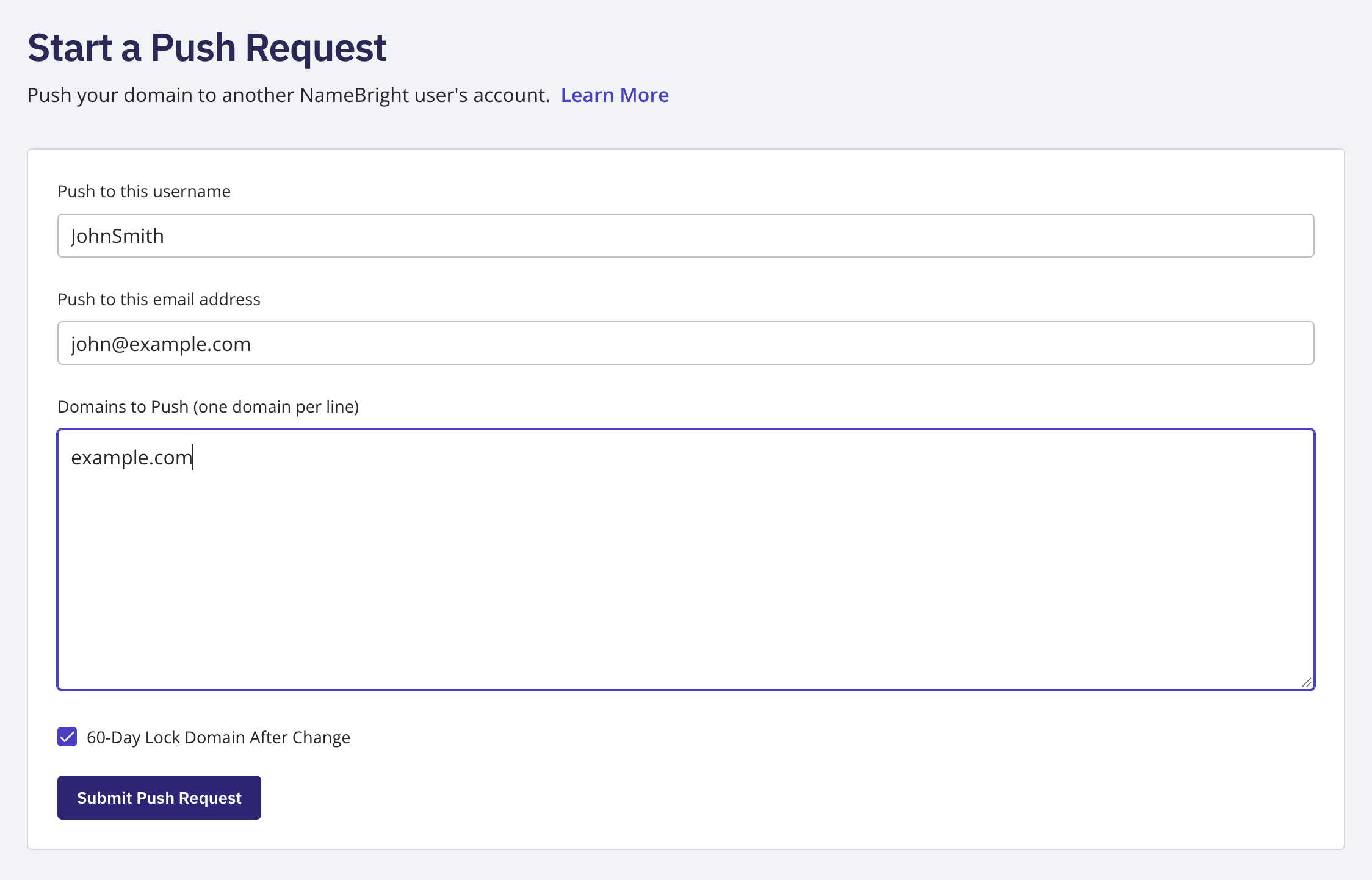 Start Push form showing the domain selection and the recipient username/email fields