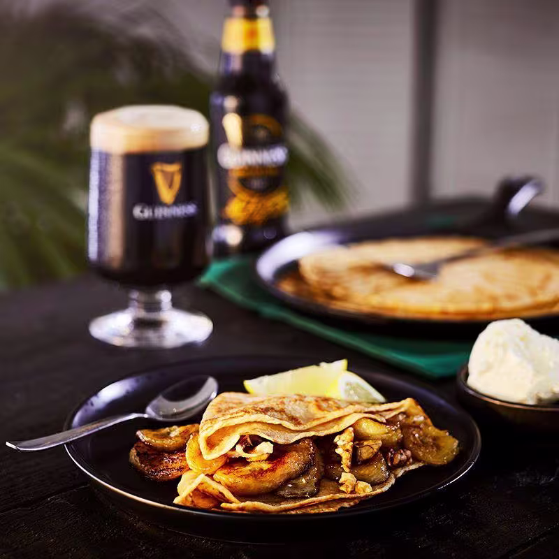 Guinness caramelised cinnamon banana stuffed crepes