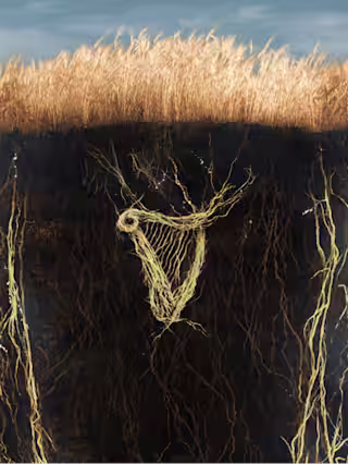 there is a painting of a deer head in the middle of a field