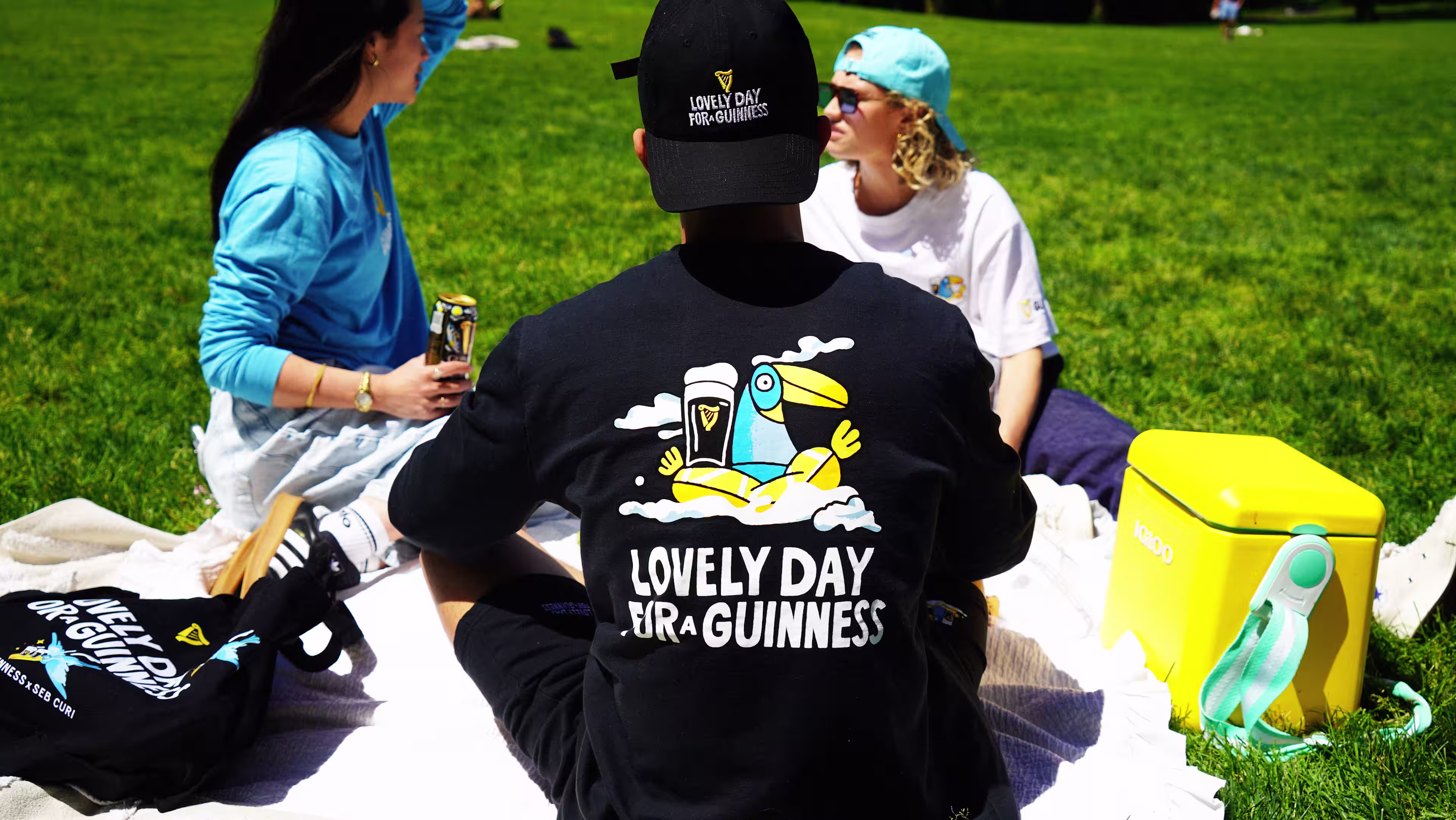 People at the picnic, two girls are talking to each other and one person sitting with their back to camera sitting in Guinness t-shirt and hat