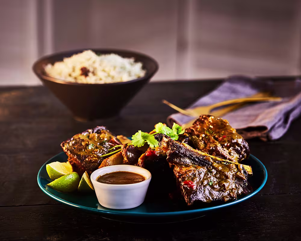 there is a plate of food with meat and rice on it