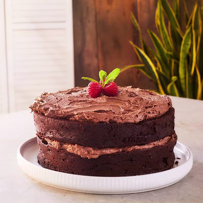 there is a chocolate cake with chocolate frosting and a raspberry on top