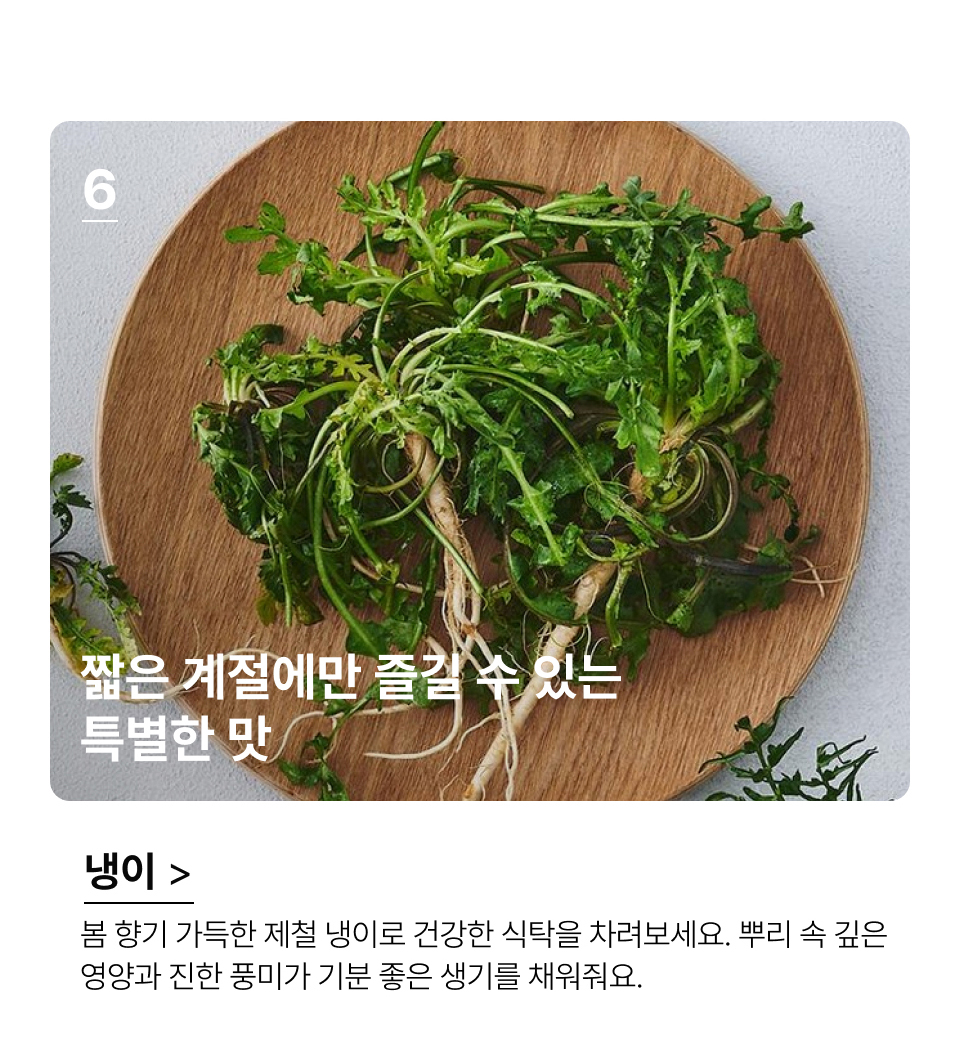 짧은 계절에만 즐길 수 있는 특별한 맛.봄 향기 가득한 제철 냉이로 건강한 식탁을 차려보세요. 뿌리 속 깊은 
영양과 진한 풍미가 기분 좋은 생기를 채워줘요.