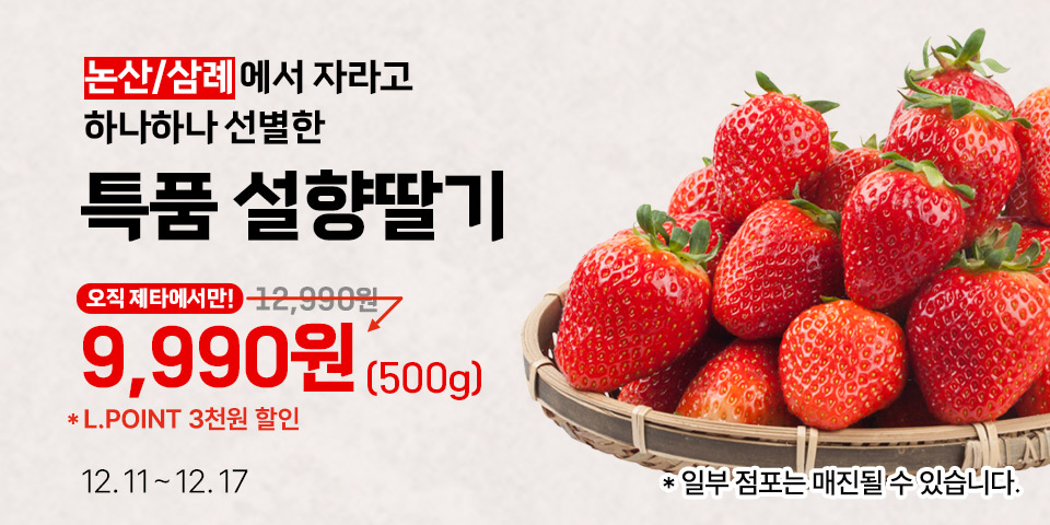 논산, 삼례에서 자라고 하나하나 선별한 특품 설향딸기 오직 제타에서만 9,990원(500g)L.POINT 3천원 할인 12.11~12.17
