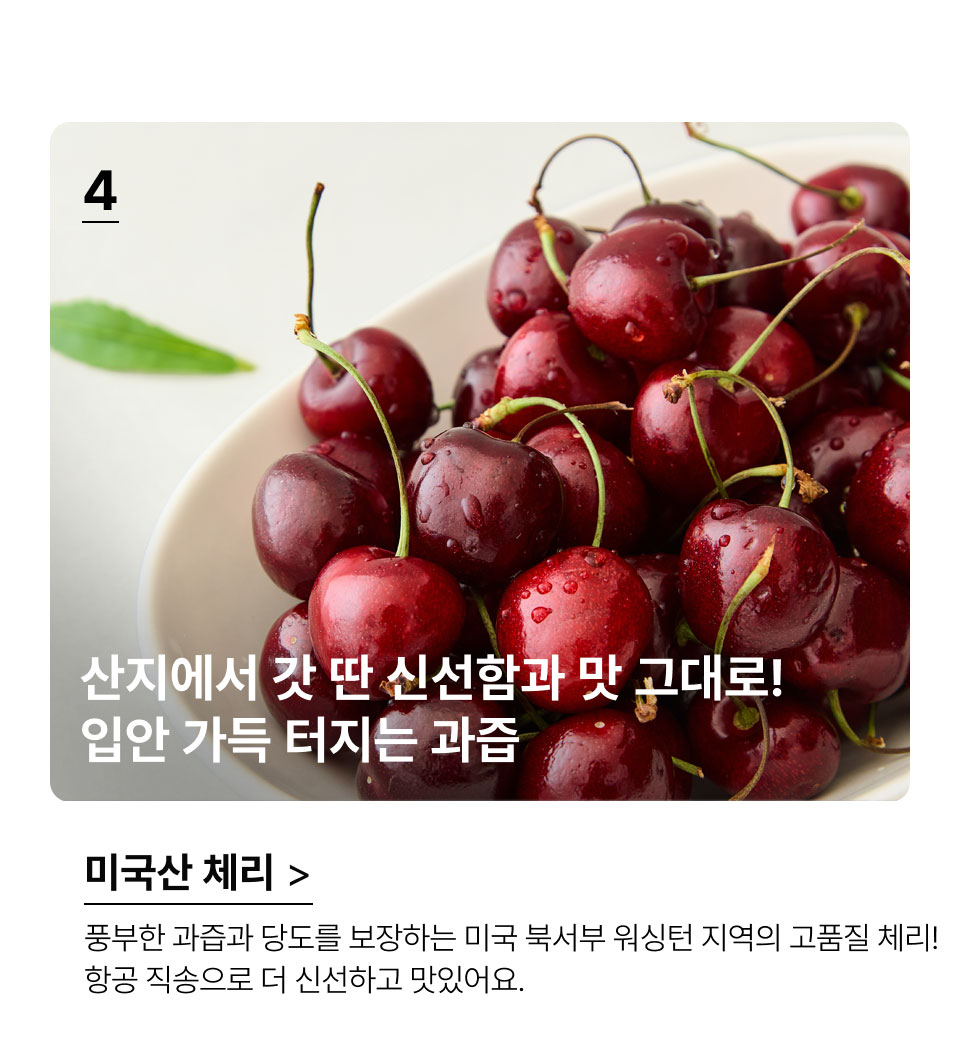 산지에서 갓 딴 신선함과 맛 그대로! 
 입안 가득 터지는 과즙.풍부한 과즙과 당도를 보장하는 미국 북서부 워싱턴 지역
 의 고품질 체리! 항공 직송으로 더 신선하고 맛있어요.