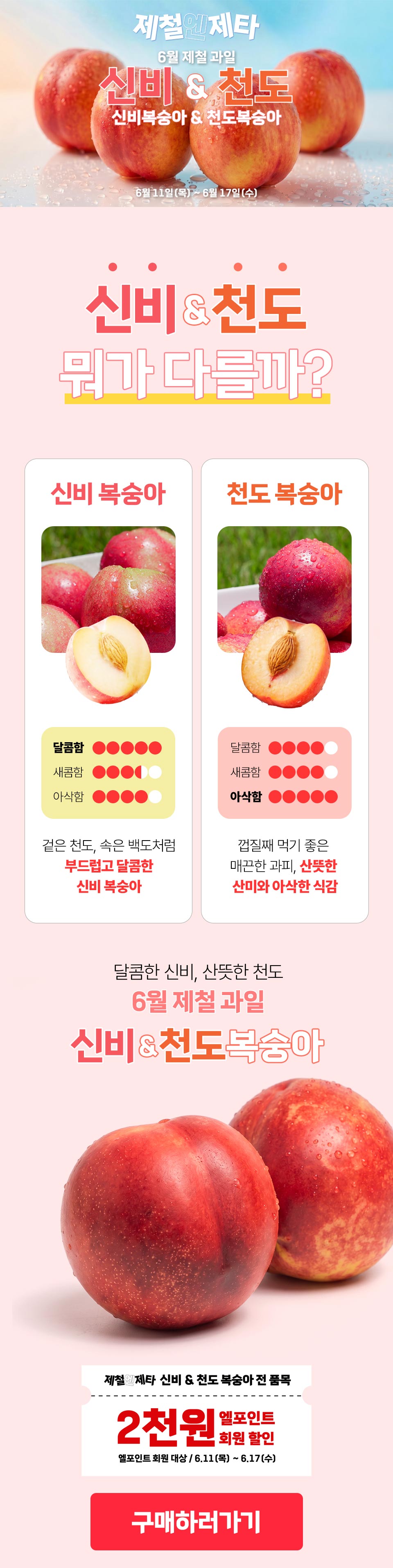 제철의 제타 6월 제철 과일 신비복숭아 & 천도복숭아
6월 11일(목) ~ 6월 17일(수) 제철의 제타 신비 & 천도 복숭아 전 품목 2천원 L.POINT(엘포인트) 회원 할인
