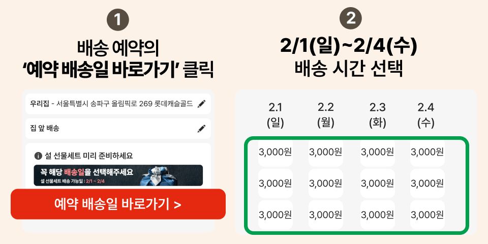 1. 배송 예약의 ‘예약 배송일 바로가기’ 클릭 2. 2월1일부터~2월4일까지 배송 시간 선택