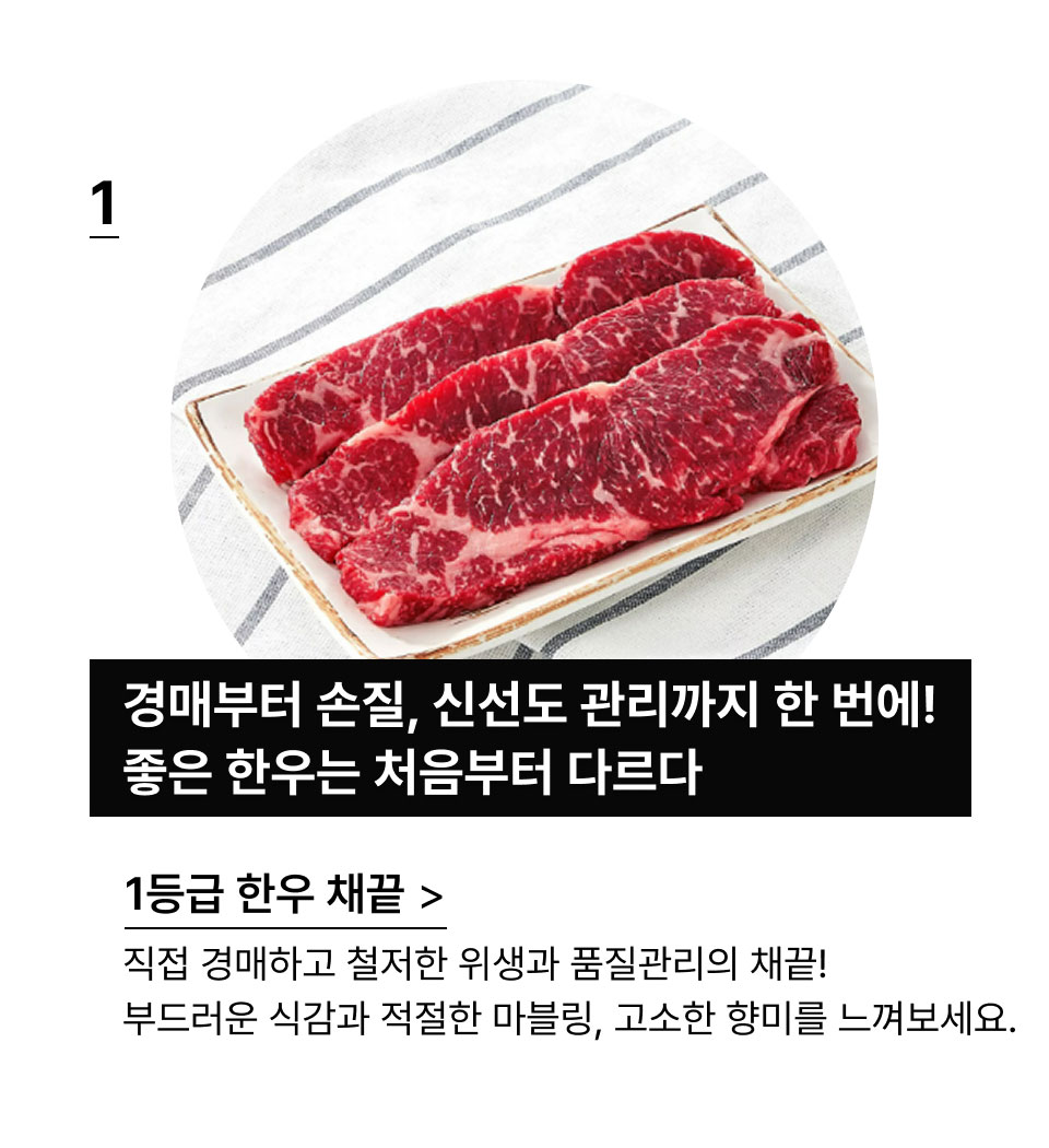 1등급 한우 채끝(300g):경매부터 손질, 신선도 관리까지 한 번에!
            좋은 한우는 처음부터 다르다.직접 경매하고 철저한 위생과 품질관리의 채끝!
            부드러운 식감과 적절한 마블링, 고소항 향미를 느껴보세요.
