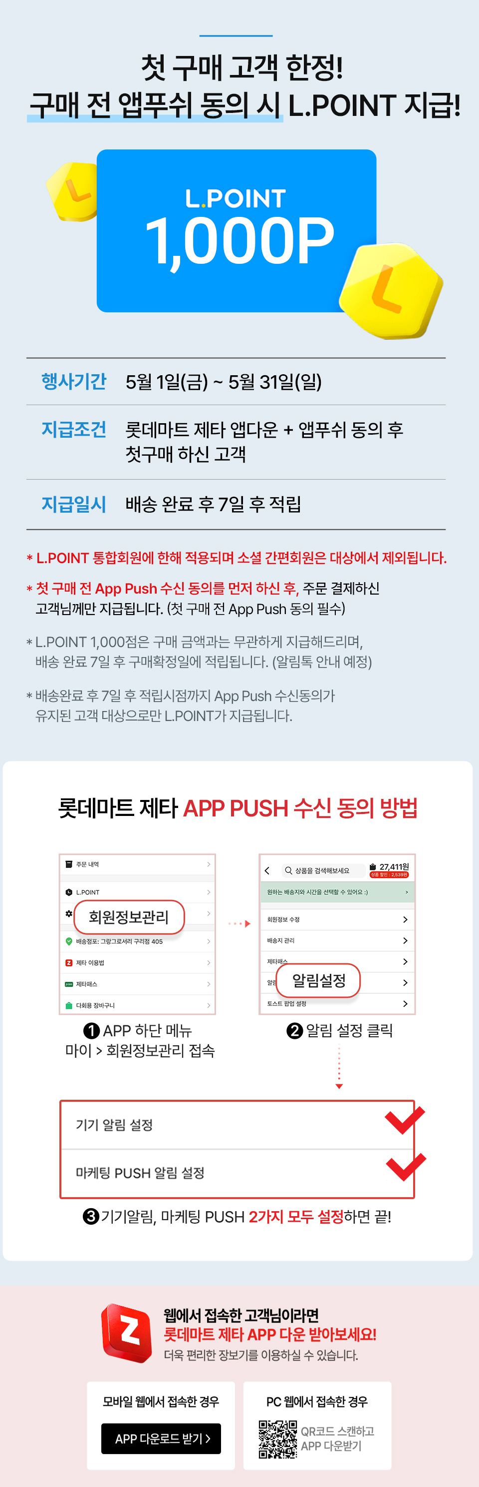 첫 구매 고객 한정! 구매 전 앱푸쉬 동의 시 L.POINT 지급!
                행사기간 : 5월 1일(금) ~ 5월 31일(일)
                지급조건 : 롯데마트 제타 앱다운 + 앱푸쉬 동의 후 첫구매 하신 고객
                지급일시 : 배송 완료 후 7일 후 적립
                * L.POINT 통합회원에 한해 적용되며 소셜 간편회원은 대상에서 제외됩니다.
                * 첫 구매 전 App Push 수신 동의를 먼저 하신 후, 주문 결제하신 고객님께만 지급됩니다. (첫 구매 전 App Push 동의 필수)
                * L.POINT 1,000점은 구매 금액과는 무관하게 지급해드리며, 배송 완료 7일 후 구매확정일에 적립됩니다. (알림톡 안내 예정)  
                * 배송완료 후 7일 후 적립시점까지 App Push 수신동의가 유지된 고객 대상으로만 L.POINT가 지급됩니다.
                롯데마트 제타 APP PUSH 수신 동의 방법 : 1. APP 하단 메뉴 마이에서 회원정보관리 접속 2. 알림 설정 클릭 3. 기기알림, 마케팅 PUSH 2가지 모두 설정하면 끝!
                
                웹에서 접속한 고객님이라면 롯데마트 제타 app 다운받아 보세요!
                더욱 편리한 장보기!
