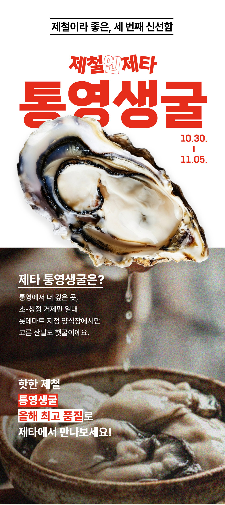 제철이라 좋은, 세 번째 신선함 제철엔제타 통영생굴 10. 30 ~ 11. 05
제타 통영생굴은? 통영에서 더 깊은 곳, 초 청정 거제만 일대 롯데마트 지정 양식장에서만 고른 산달도 햇굴이에요. 
핫한 제철 통영생굴 올해 최고 품질로 제타에서 만나보세요.