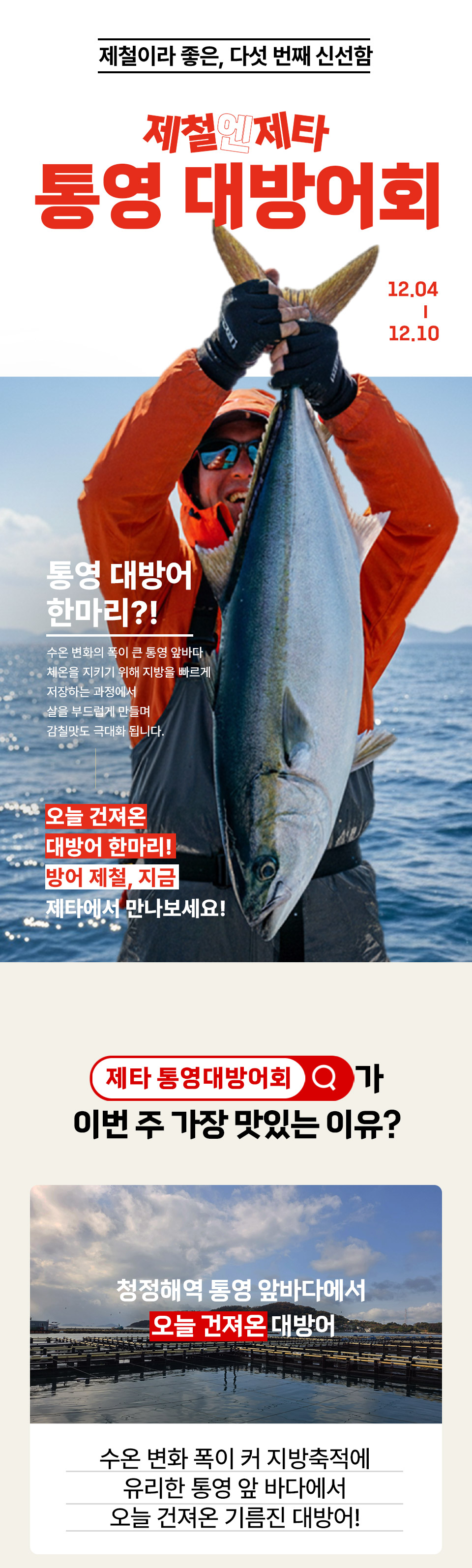 제철이라 좋은, 다섯 번째 신선함 제철엔제타 통영 대방어회 12. 04 ~ 12. 10
통영 대방어 한마리? 수온 변화의 폭이 큰 통영 앞바다 체온을 지키기 위해 지방을 빠르게 저장하는 과정에서 살을 부드럽게 만들며 감칠맛도 극대화 됩니다.
오늘 건져온 대방어 한마리! 방어 제철, 지금 제타에서 만나보세요!
제타 통영대방어회가 이번 주 가장 맛있는 이유? 청정해역 통영 앞바다에서 오늘 건져온 대방어 수온 변화 폭이 커 지방축적에 유리한 통영 앞 바다에서 오늘 건져온 기름진 대방어!