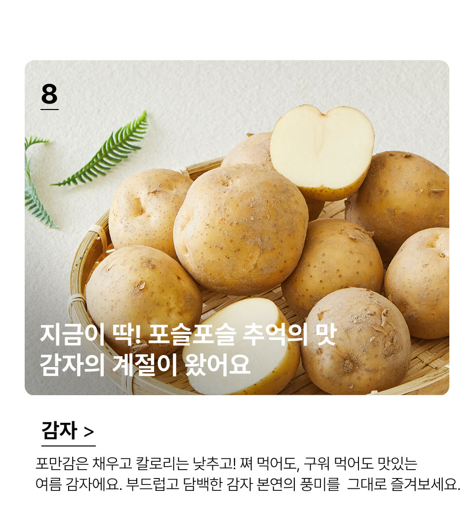 지금이 딱! 포슬포슬 추억의 맛 
 감자의 계절이 왔어요.포만감은 채우고 칼로리는 낮추고! 쪄 먹어도, 구워 먹어도 
맛있는 여름 감자에요. 부드럽고 담백한 감자 본연의 풍미를 
그대로 즐겨보세요.