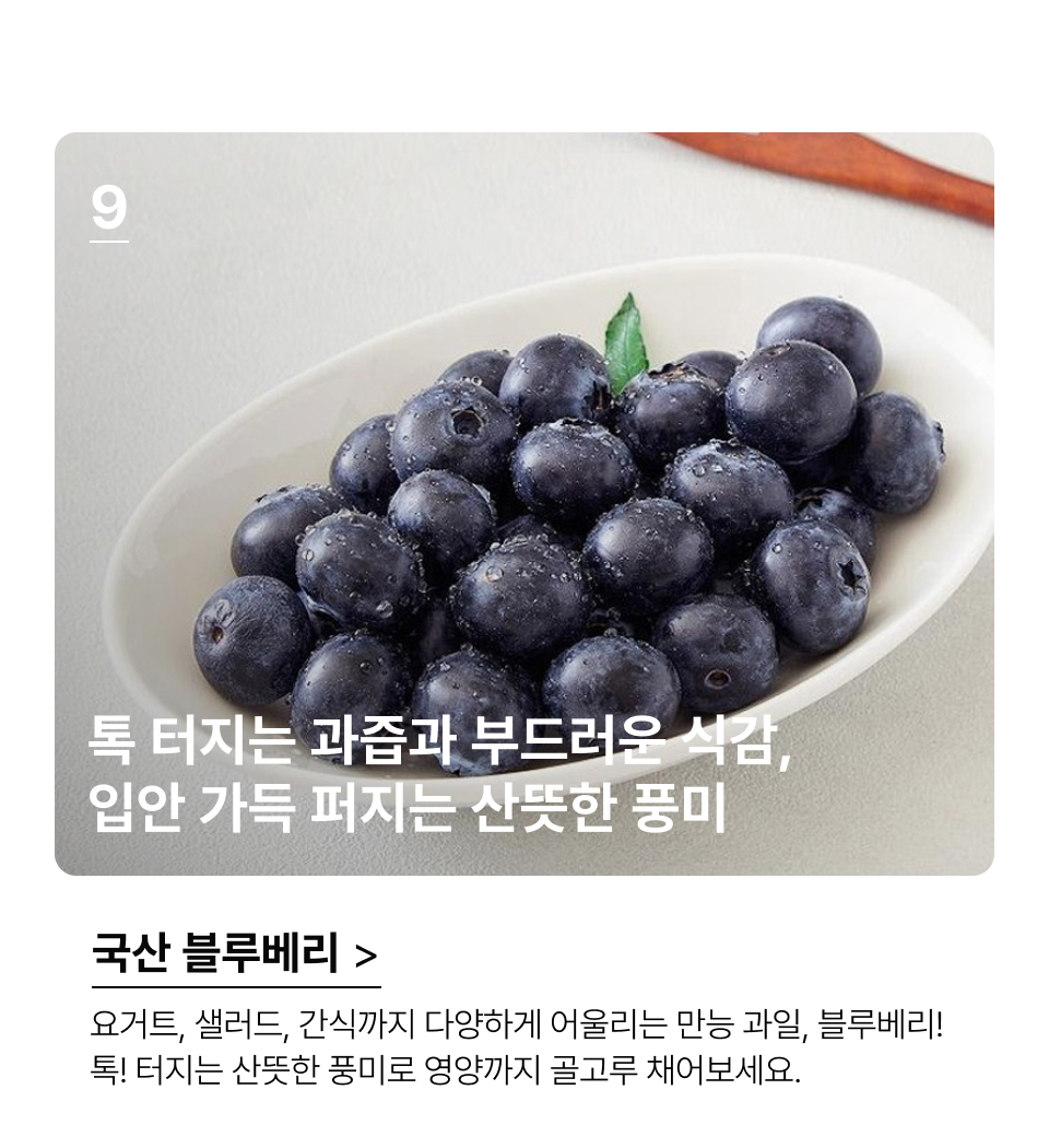 톡 터지는 과즙과 부드러운 식감,
입안 가득 퍼지는 산뜻한 풍미.요거트, 샐러드, 간식까지 다양하게 어울리는 만능 과일, 블루베리!
톡! 터지는 산뜻한 풍미로 영양까지 골고루 채어보세요.