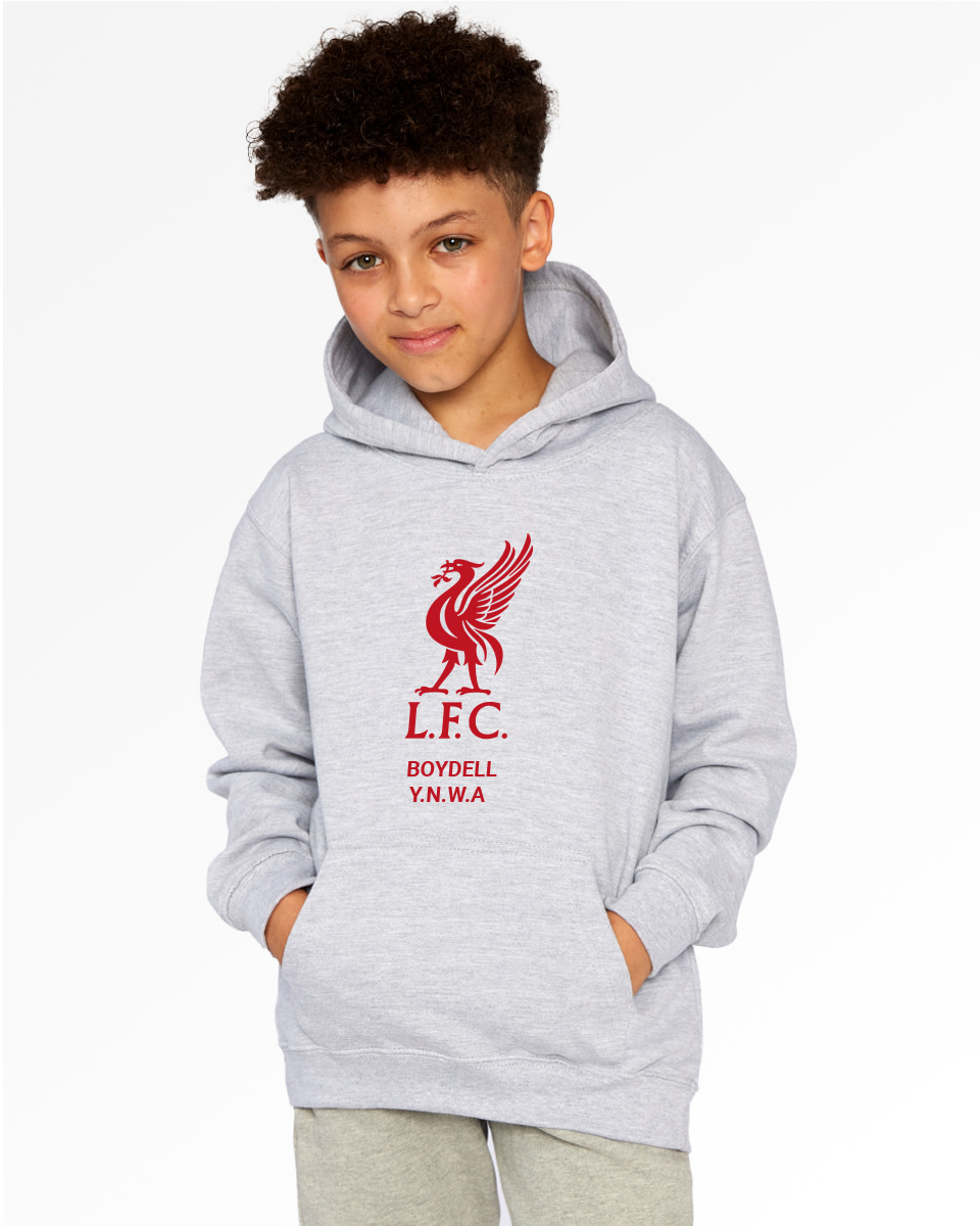 LFC Junior Red Liverbird Personalised Grey Hoody - Image 1