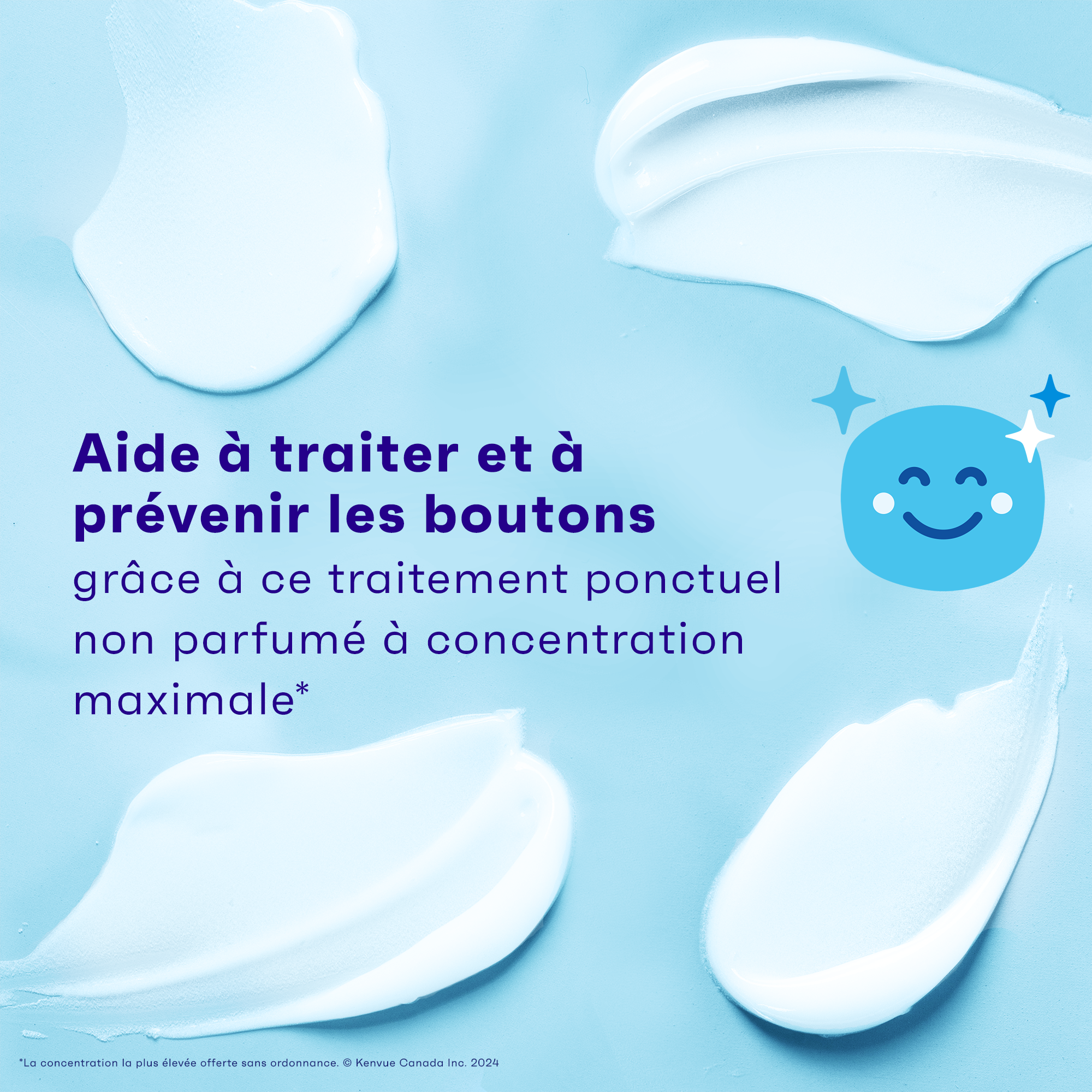 Gros plan sur le gel blanc de traitement contre l’acné au peroxyde de benzoyle étalé sur un fond bleu