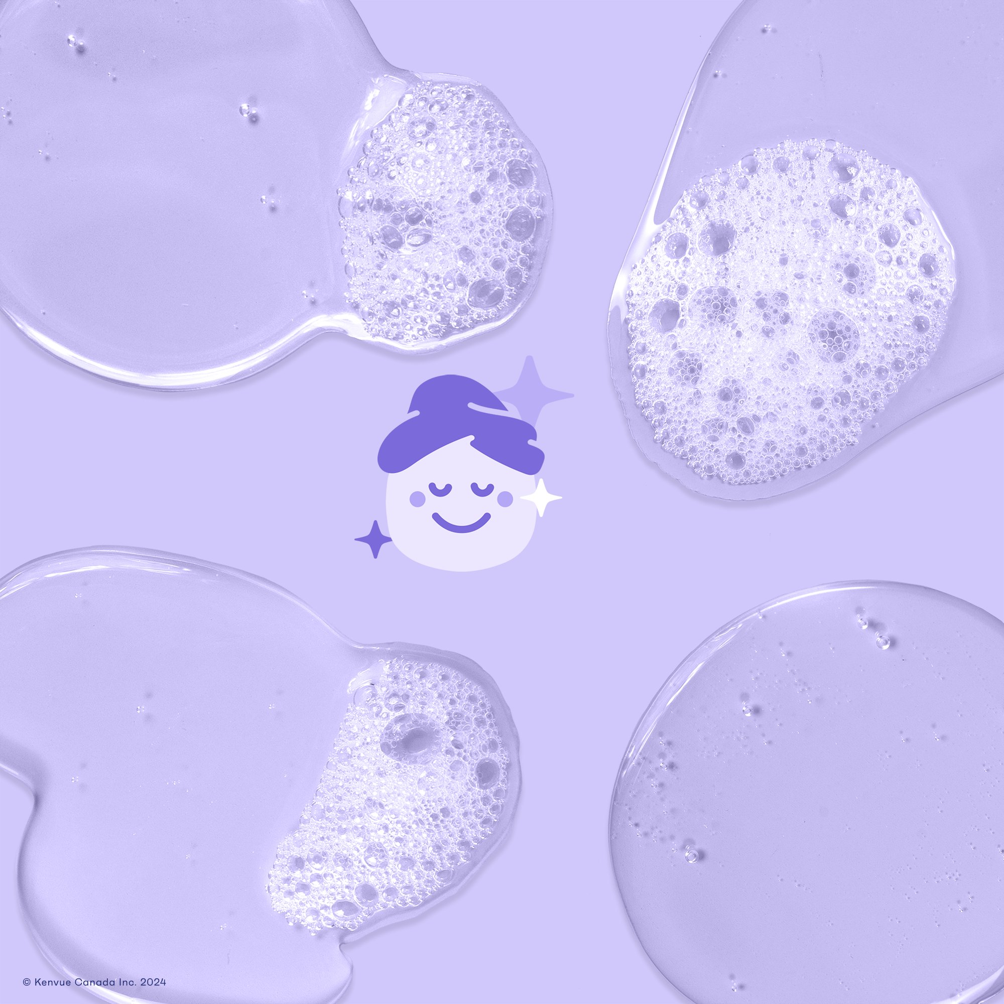 Foam and drops of transparent gel on a purple background with a smiley icon