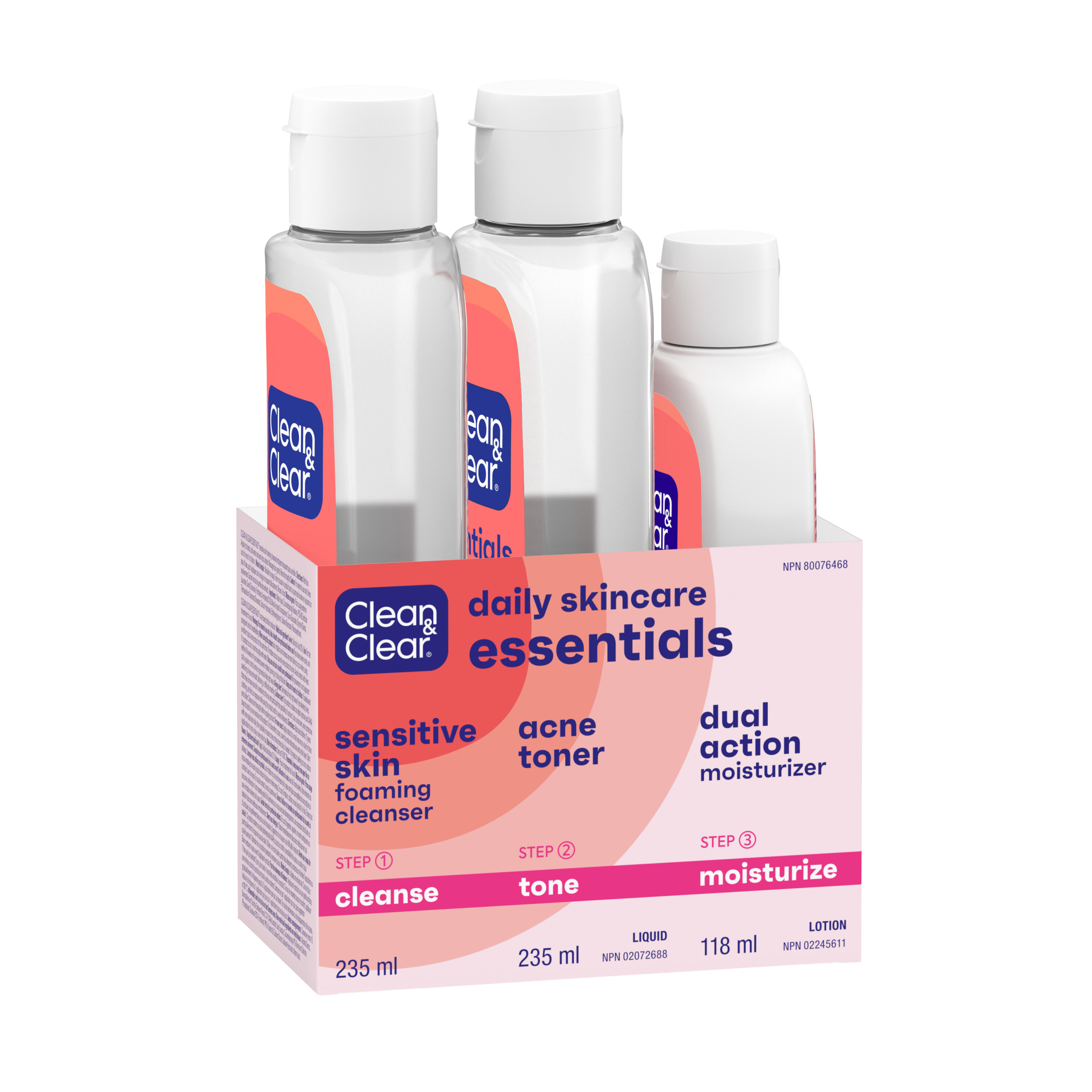 Side shot of CLEAN & CLEAR ESSENTIALS® pack including a cleanser, toner, and moisturizer