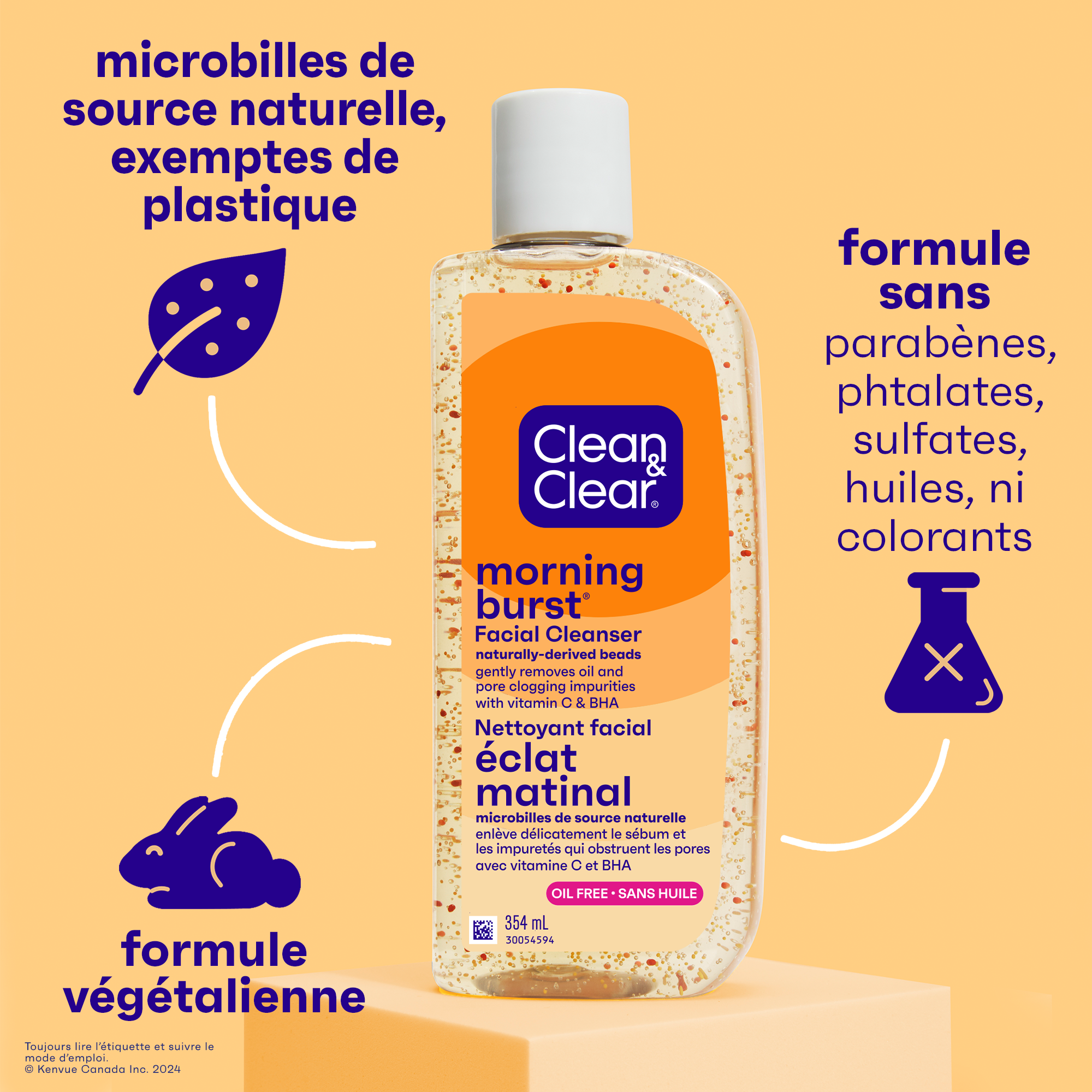 Vue de face de la nouvelle bouteille transparente du nettoyant pour le visage CLEAN & CLEAR® MORNING BURST®
