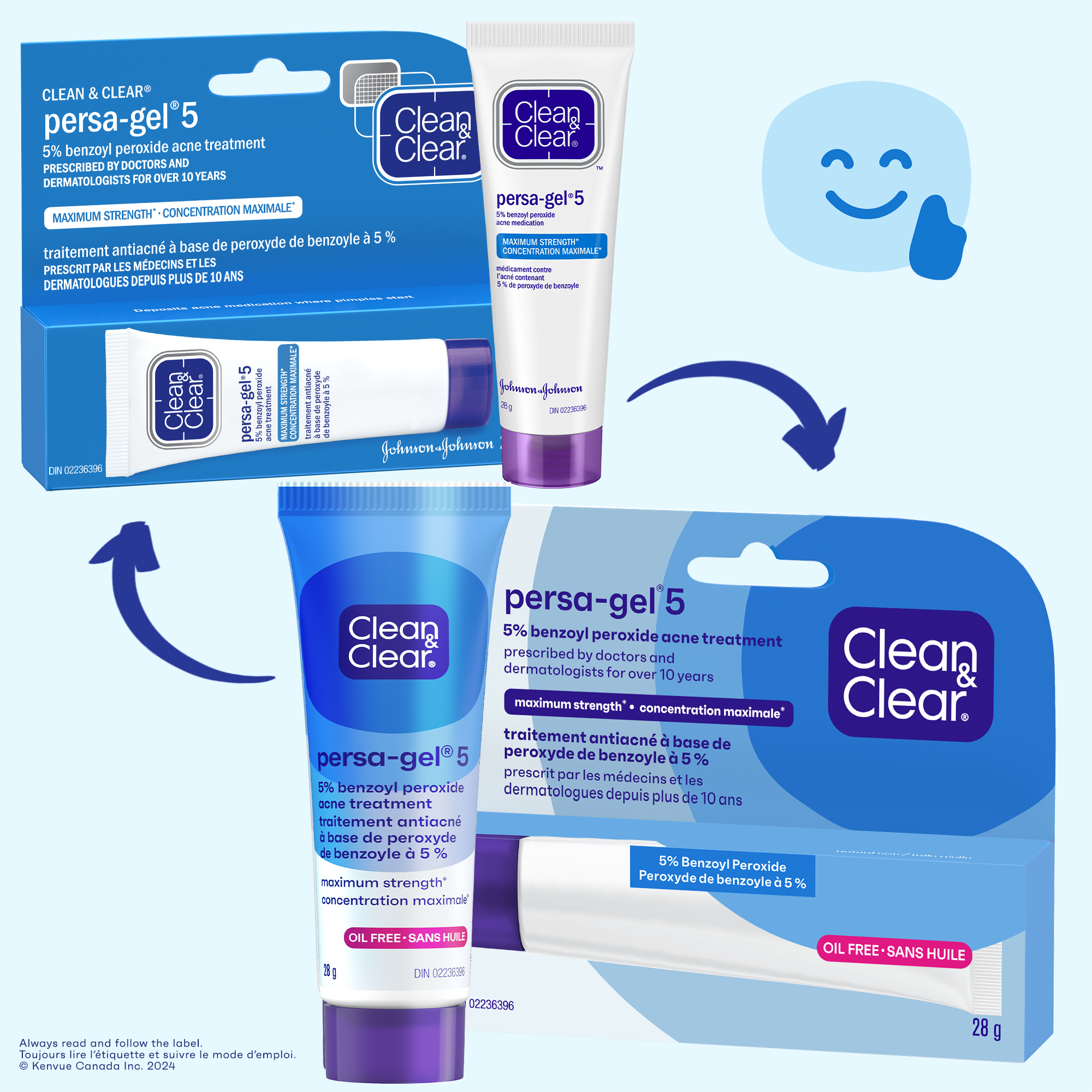 CLEAN & CLEAR® PERSA-GEL® 5 Benzoyl Peroxide acne treatment gel product with the new oil free product and its packaging 