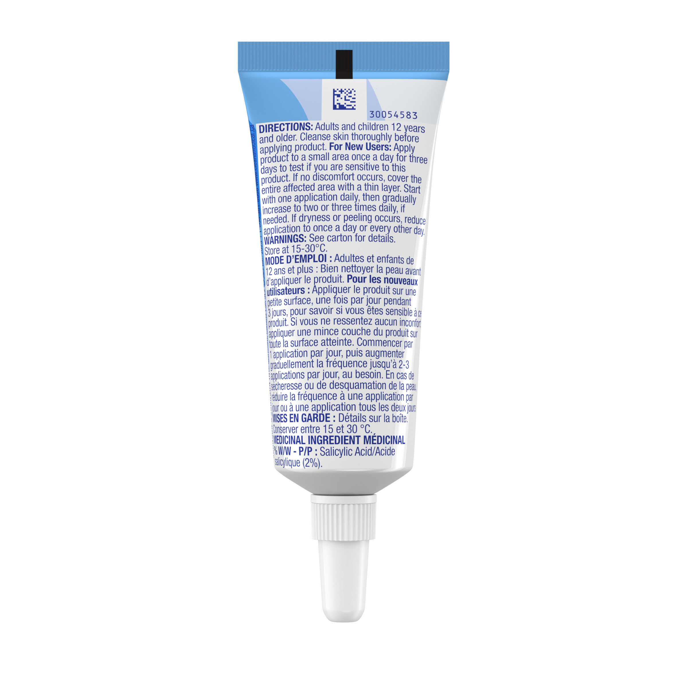 Vue arrière du gel de traitement contre l’acné à l’acide salicylique Clean & Clear®, tube compressible de 22 ml