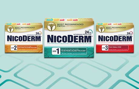 Pack shot of Nicoderm Step 1 patch,  Nicoderm Step 2 patch, &  Nicoderm Step 3 patch